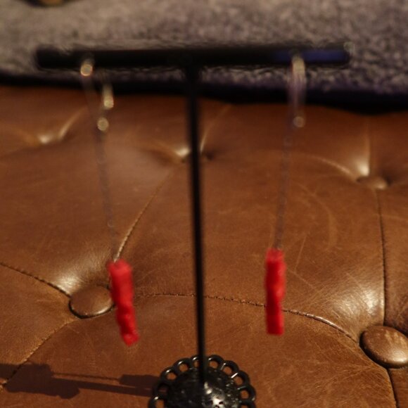 Red coral square beads & sterling silver Sherzada earrings dangle drop 3" long - Picture 2 of 10